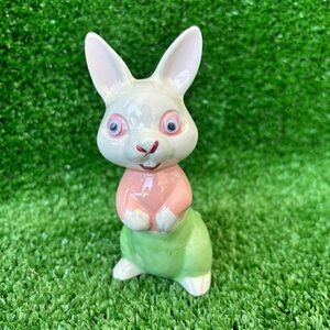 Vintage Ceramic Bunny Figurine in Pink and Green